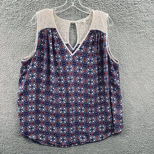 Daniel Rainn Womens‎ Top 2X Blue Red Sleeveless Crochet Pullover Tank Shirt